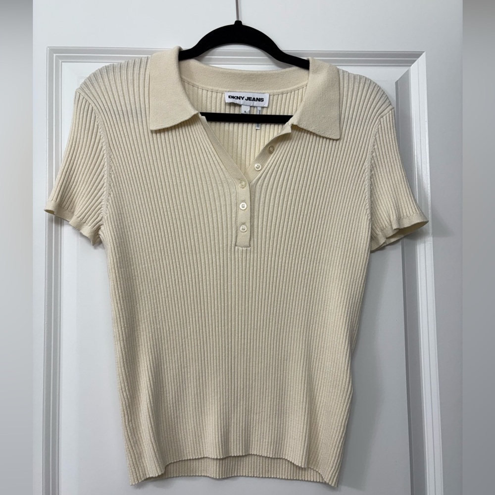 DKNY Cream Ribbed Knit Top